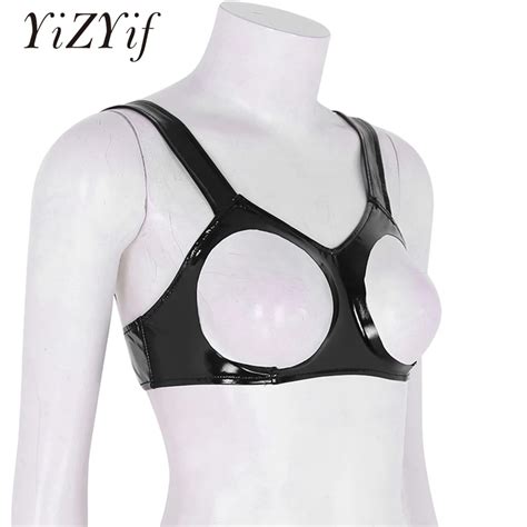 YiZYiF Womens Sexy Open Cups Bra Erotic Lingerie Wetlook Faux Leather