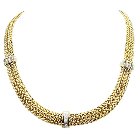 14 Karat Yellow Gold Woven Mesh Link Collar Necklace With 3 Diamond