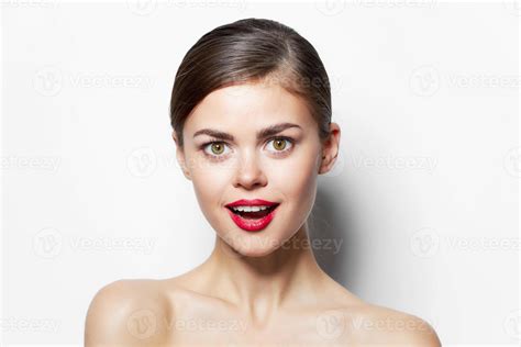 Beautiful Woman Nude Shoulders Red Lips Surprised Look Close Up Clear