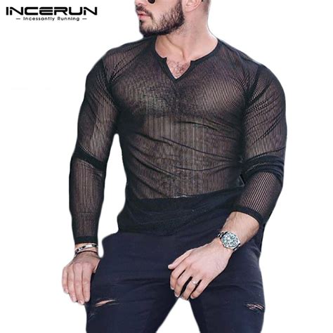 Incerun Camisa Masculina Sexy De Malha Transparente Gola V Manga