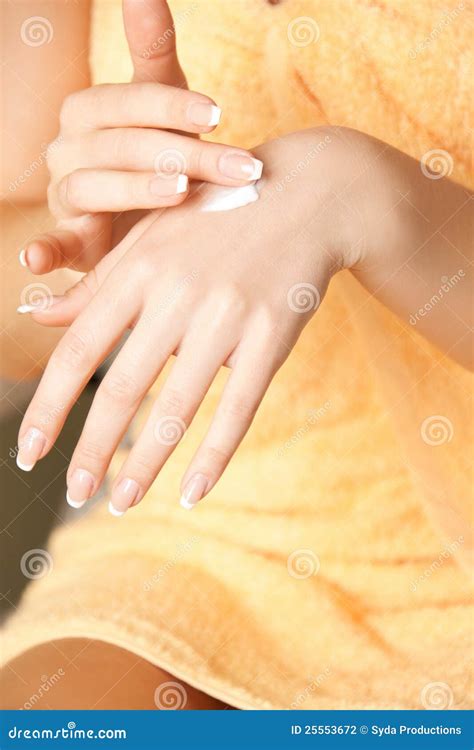 Woman Applying Skin Creme To Hands Stock Photo Image Of People Care