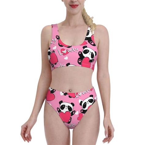 Bixox Panda Heart Valentine Pink Pattern Two Piece Sports Bikini With U