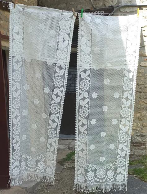 PAIRE DE RIDEAU Voilage Blanc Vintage Avec Franges 62 X 180 Cm Coton