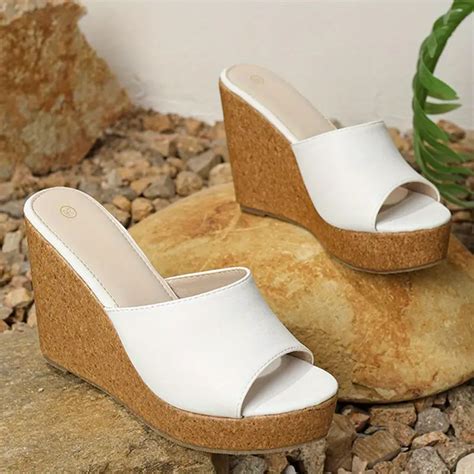 Womens Platform Wedge Sandals Peep Toe Slip Wood Grain Sole Temu