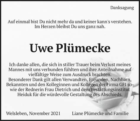 Traueranzeigen von Uwe Plümecke abschied nehmen de