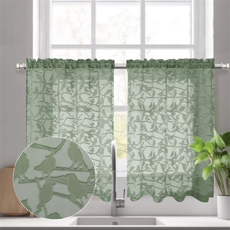 Amazon OVZME Anji Textured Sage Green Kitchen Sheer Curtain Tiers