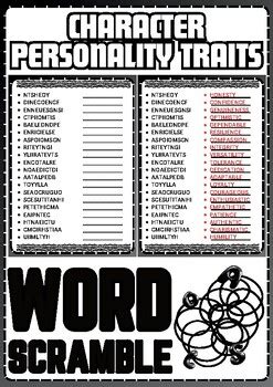 Character Personality Traits Word Scramble Puzzle No Prep Activity