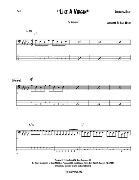 Like A Virgin Arr P Welsh By Madonna Sheet Music For Bass Guitar Tab