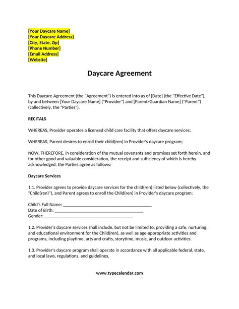 Free Printable Daycare Contract Templates Pdf Sample