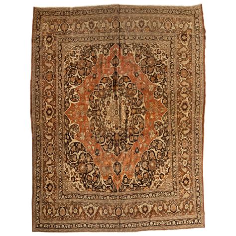 Antique Persian Ivory Brown And Rust Floral Tabriz Rug Circa 1880s For