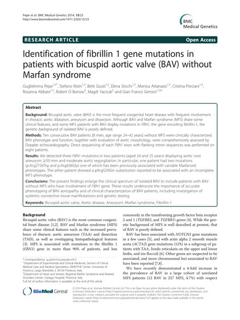 Pdf Identification Of Fibrillin 1 Gene Mutations In Patients With Bicuspid Aortic Valve Bav