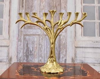 Brass Menorah Jewish Candlestick Seven Branched Candelabrum Golden