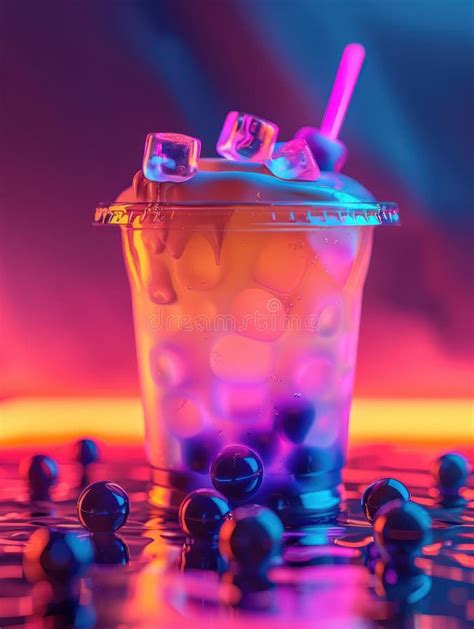 Neon Lit Bubble Tea With Ice And Straw Surrounded By Boba Pearls In A