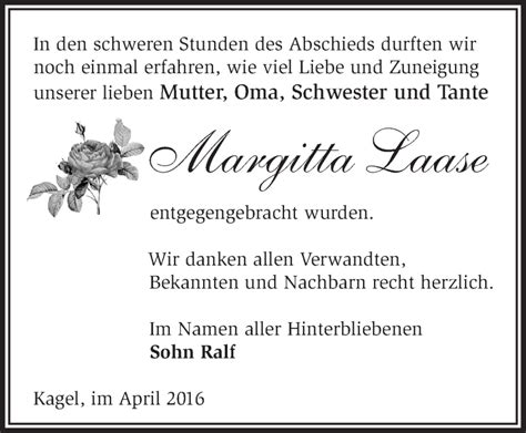 Traueranzeigen Von Margitta Laase M Rkische Onlinezeitung Trauerportal