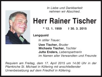 Traueranzeigen Von Rainer Tischer Mittelbayerische Trauer