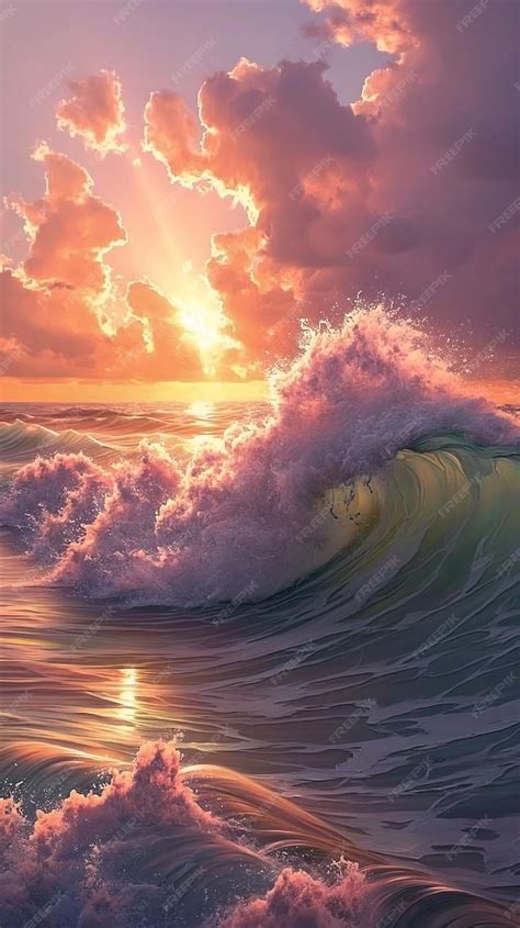 Premium Photo Wave Breaking Ocean Sunset Background Pink Sunlight