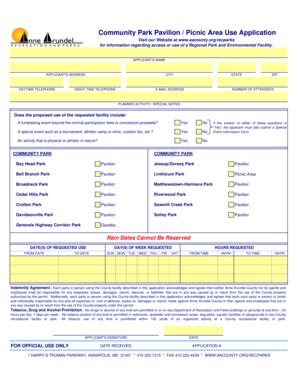 Fillable Online Aacounty Pavillion Picnic Area Use Application