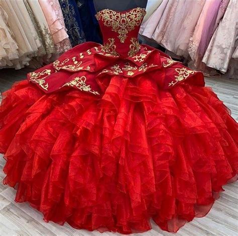 Red Quinceanera Dresses Ruffles Gold Embroidered Beads Crystal