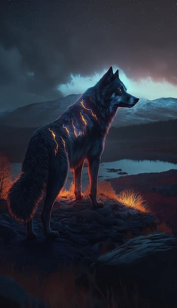 Premium Photo A Wolf With Flames On Its Back Stands On A Hill