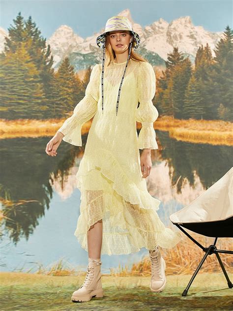 Puffed Sleeve Pleated Chiffon Dress Yellow Pomelo Fashion