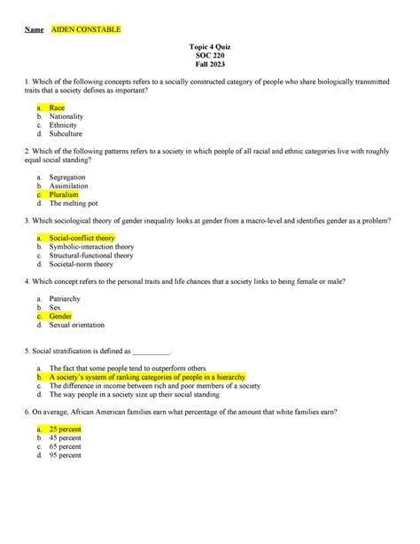 Topic 4 Quiz SOC 220 Quiz 4 Answers Name AIDEN CONSTABLE Topic 4