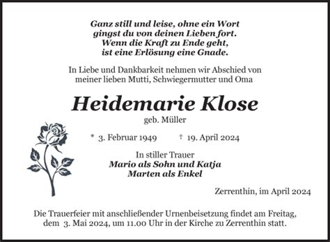 Traueranzeigen Von Heidemarie Klose Trauer Nordkurier