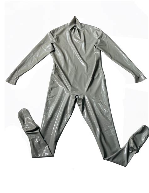 Sliver Latex Gummi Catsuit With Socks Front Hole No Zip Neck Entry