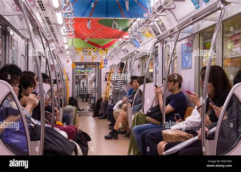 Tokyo Japan Crowds Subway Car With Locals Going To Work In Crowded