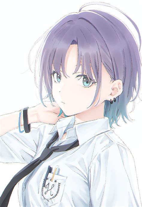 Safebooru 1girl Ahoge Asakura Toru Black Necktie Blue Eyes Blue Hair Bracelet Breast Pocket