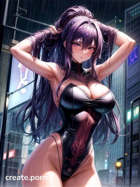 Cyberpunk City Purple Hair Raining Hentai AI Porn