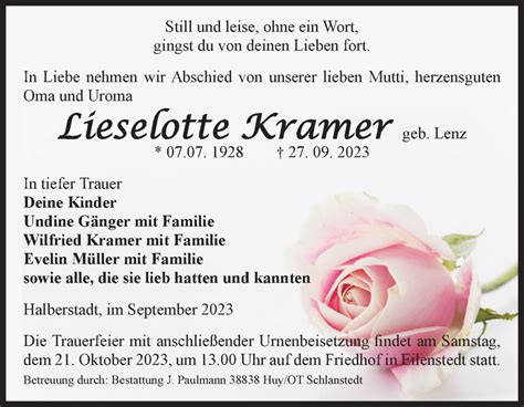 Traueranzeigen Von Lieselotte Kramer Abschied Nehmen De