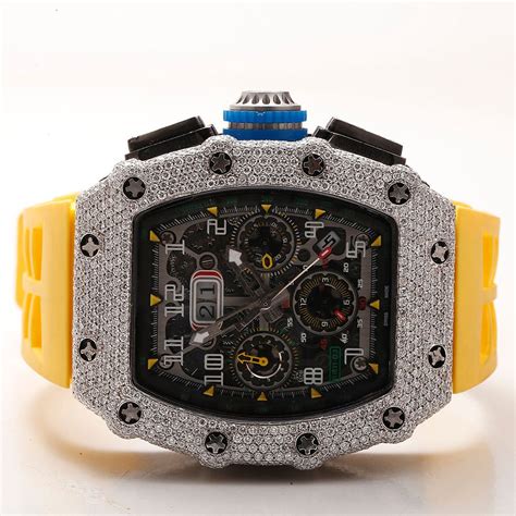 Iced Out Richard Mille Moissanite Watch Yellow Rubber Strap Bhatiya