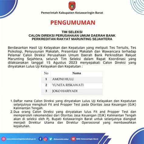 Pengumuman Lolos Seleksi Uji Kelayakan Dan Kepatuhan Calon Direksi