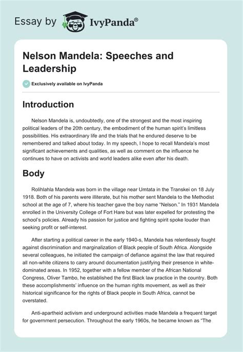 Nelson Mandela: Speeches and Leadership - 556 Words | Essay Example