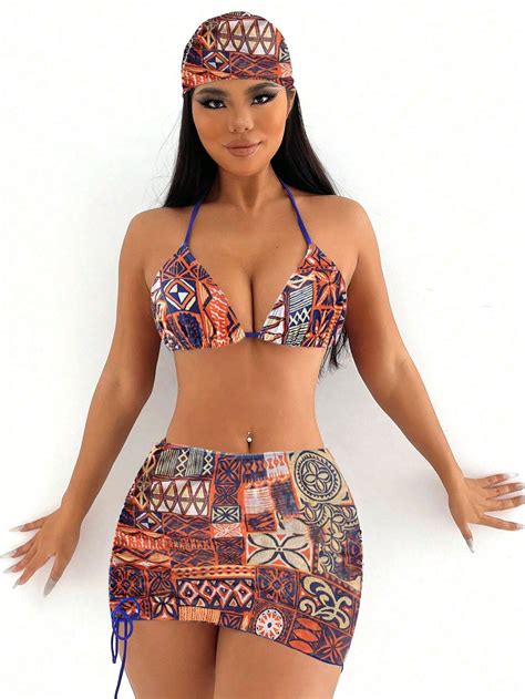 Geometric Print Halter Neck Bikini Swimsuit Set Shein Usa