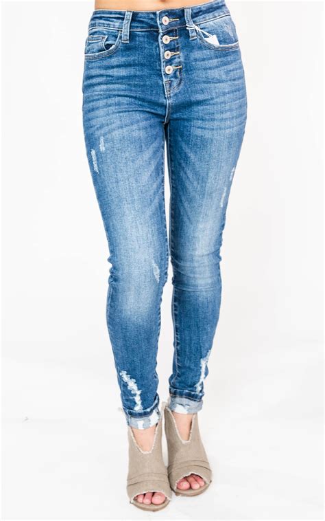 Med Wash Button Fly High Rise Skinny Jeans Vervet Bad Habit Boutique