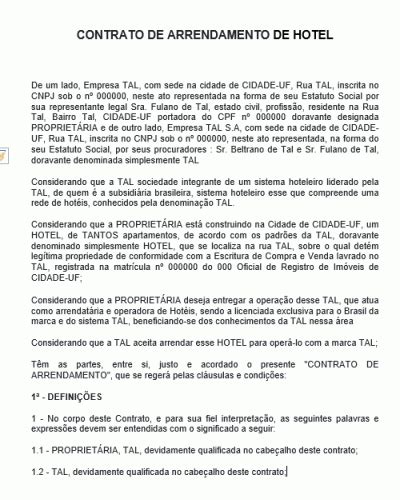 Modelo De Contrato De Arrendamento De Hotel