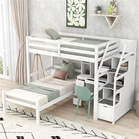 Twin Size Loft Bed With Built In Desk Wooden Bunk Beds With Storage Staircase And Drawers 2 In