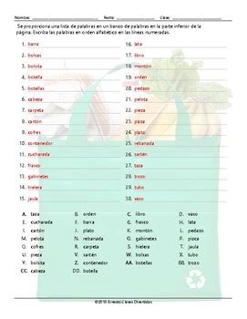 Container Words Alphabetical Order I Spanish Worksheet Tpt