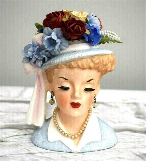 Napco Lucy C C Lady Head Vase Blue Hat Dress Faux Pearl