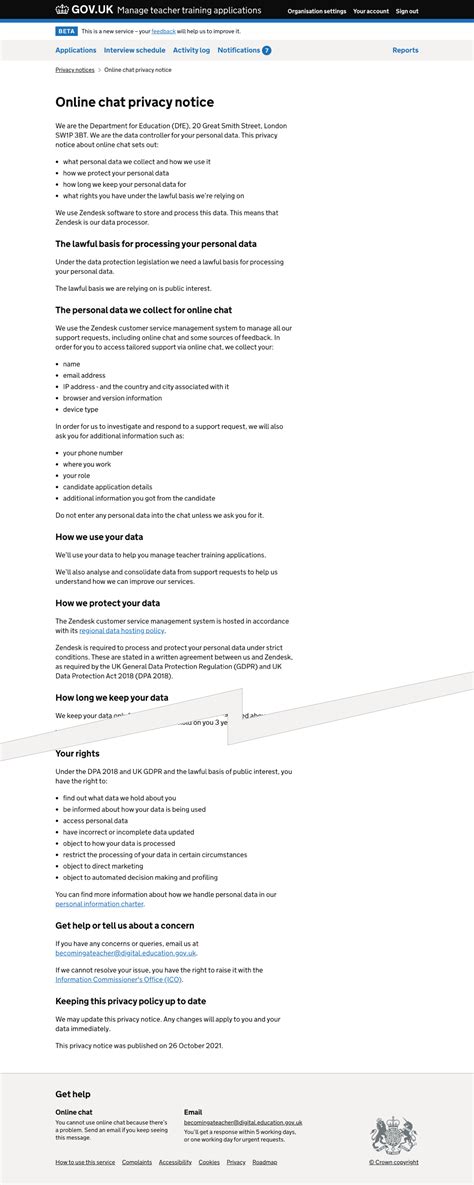 Adding a privacy notice for online chat - Becoming a teacher design