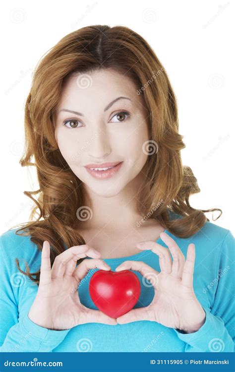 Attractive Smiling Woman Showing Red Heart Stock Image Image Of