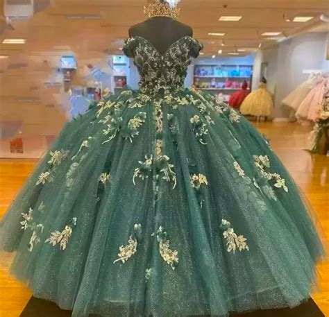 Dark Green Quinceanera Dresses 2022 Off The Shoulder Princess Pageant Ball Gown Flowers Beads ...