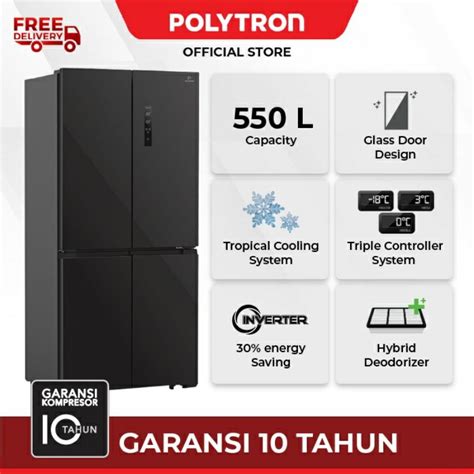 Jual POLYTRON Kulkas 4 Pintu Kaca PRS560X Kulkas Side By Side Polytron