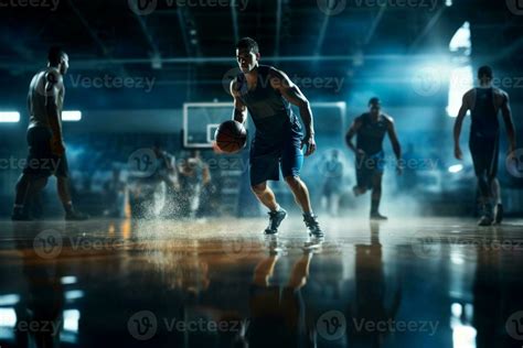 Male basketball player playing basketball in a crowded indoor ...