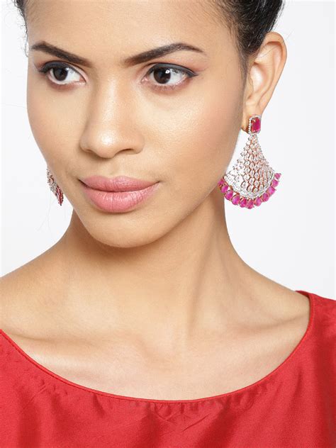 Priyaasi Rose Gold Plated Cz Ad And Maroon Stone Studded Teardrop