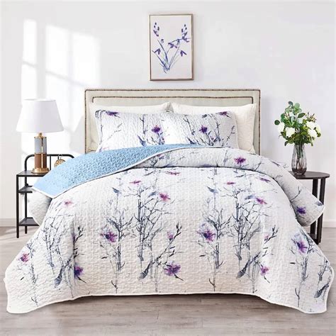 Blue White Floral Quilted Bedspread Coverlet Sets (3Pcs)