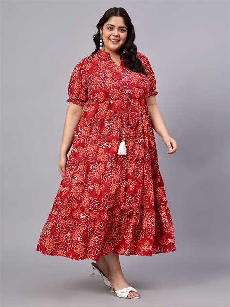 Buy Indietoga Plus Size Floral Printed Cotton Tiered Maxi Dress