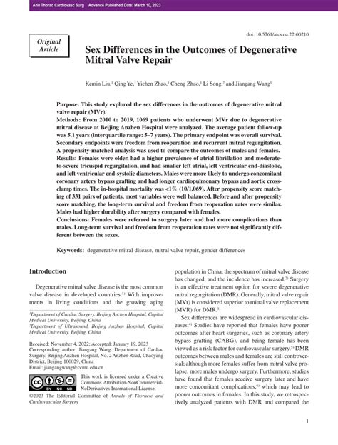 Pdf Sex Differences In The Outcomes Of Degenerative Mitral Valve Repair