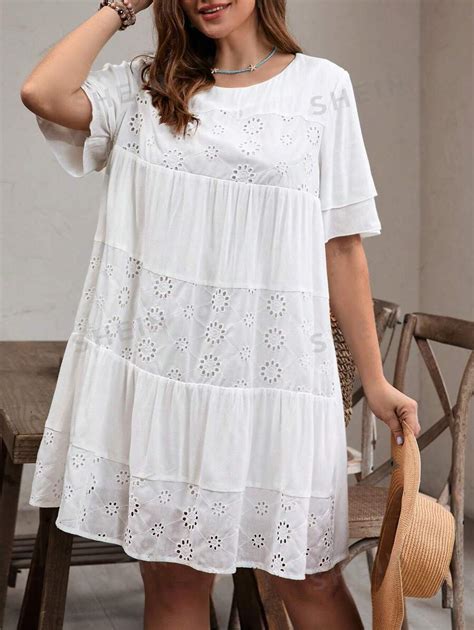 Shein Vcay Plus Size Summer Holiday White Lace Embroidery Patchwork